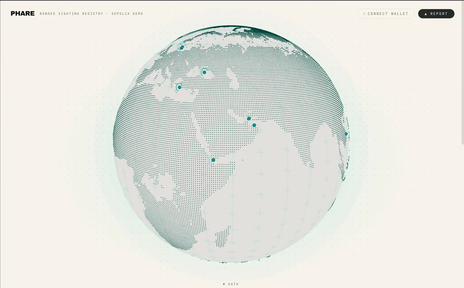 Hero dell'app Phare — globo interattivo con registrazioni di nomi per satelliti orbitali